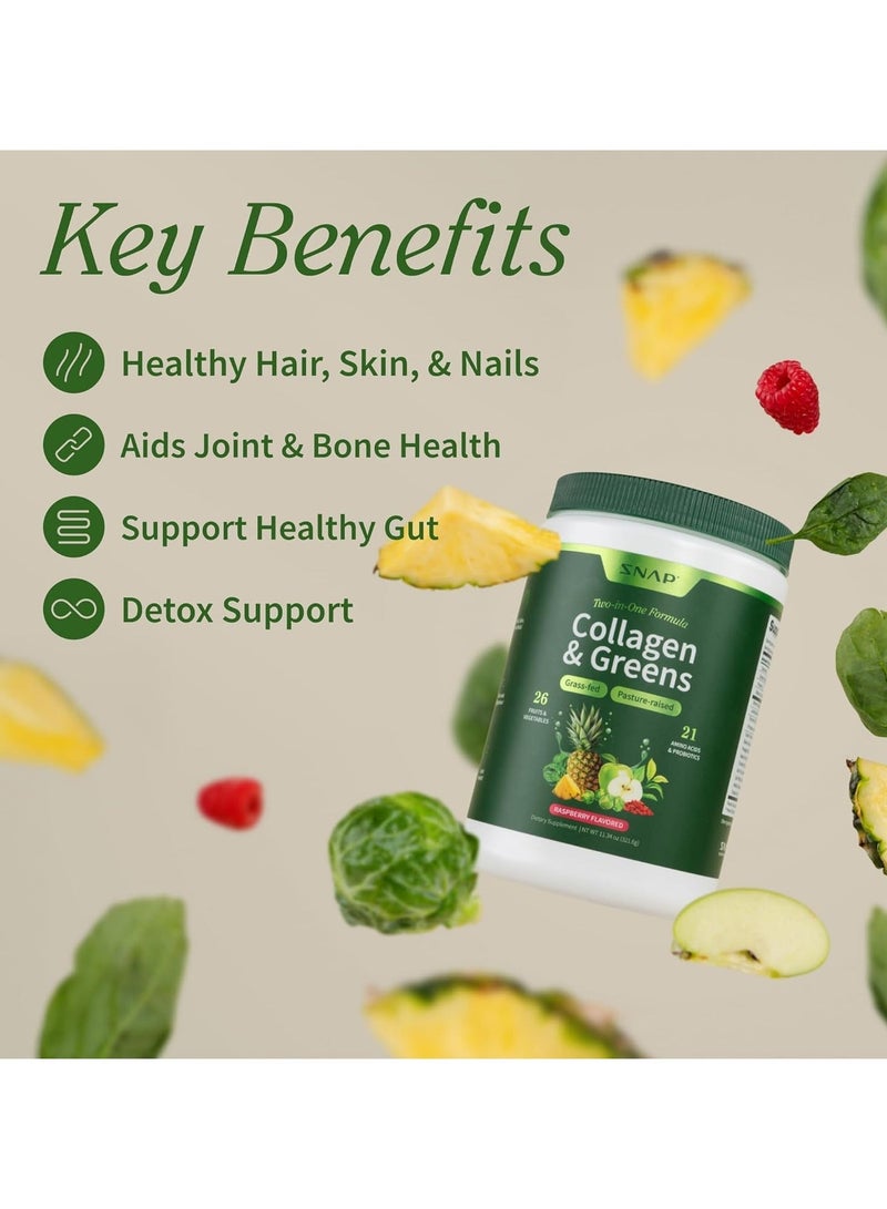 SNAP SUPPLEMENTS Collagen & Greens, Two-in-One Formula, Grass-fed, Pasture-raised, 26 Fruits & Vegetables, 21 Amino Acids & Probiotics, Raspberry Flavored, Dietary Supplement, Nt Wt. 11.34 Oz 321.6g - Image 5